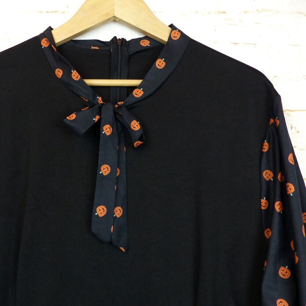 Pumpkin Print Halloween Dress Womens 4XL Black Contrast Long Sleeves Tie Neck - Picture 4 of 14